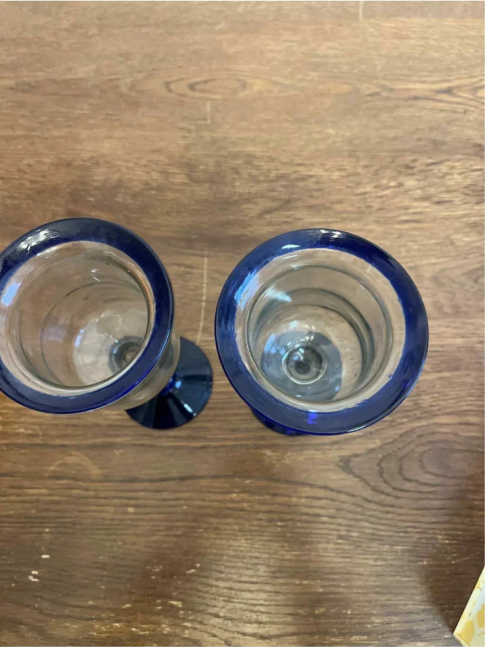 Pair of Mexican Hand Blown Glass Goblets Cobalt Blue Rim & Base Wine Glasses